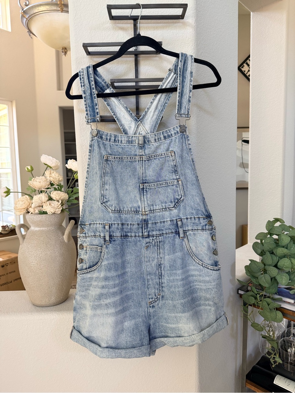Free People Light Wash Denim Short Overalls